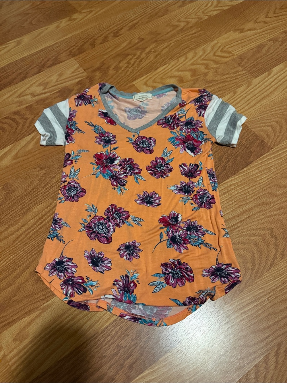 Girls Orange Floral V-Neck Short Sleeve Tee with Striped Sleeves